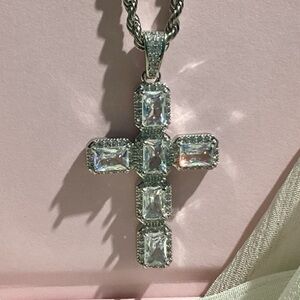 Cross CZ Diamond Emerald Cut Pendant Silver Necklace